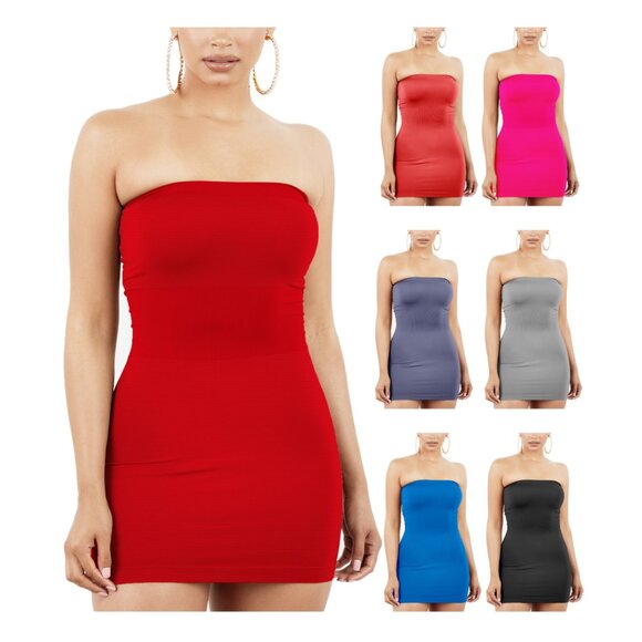 Women's Strapless Stretchy Comfy Tight Fit Seamless Body Con Mini Tube Top Dress - Picture 8 of 16
